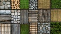 Patterns of various natural materials arranged in a grid formation include stone pebbles, cut logs, bundles of sticks Royalty Free Stock Photo