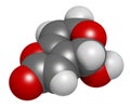 Patulin mycotoxin molecule. 3D rendering. Atoms are represented as spheres with conventional color coding: hydrogen (white),