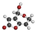 Patulin mycotoxin molecule. 3D rendering. Atoms are represented as spheres with conventional color coding: hydrogen (white),