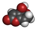 Patulin mycotoxin molecule. 3D rendering. Atoms are represented as spheres with conventional color coding: hydrogen (white),