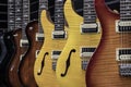 Paul Reed Smith Guitar display. PRS Guitars manufactures a wide array of guitars, bass guitars and amplifiers