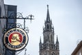 Paulaner Beer logo in front of Munich New Town Hall Neues Rathaus. Paulaner Bier is one of the symbols and main beers of Munich
