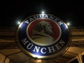 Paulaner Beer logo in front of the terrace of a Serbian bar. Paulaner Bier is one of the symbols and main beers of Munich