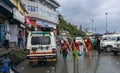 Pauri, Garhwal, Uttrakhand, India - 3rd November 2018 : Monsoon on the streets of Pauri. Rainy street image of busy town on the
