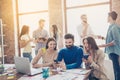 Pause for relax at work. Happy work team during break time in li Royalty Free Stock Photo