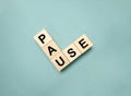 pause word on wooden block on green background