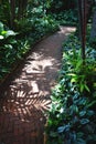 Shady jungle garden with a winding brick path Royalty Free Stock Photo