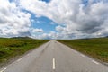 Paved highway leads straight to the horizon in a wild tundra landscape