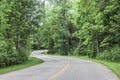 Paved highway twisting and curving through the forest in the summer time.