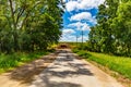 Paved path with forest on either side. Blue sky and clouds