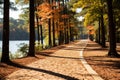 a paved path leads to a lake surrounded by trees