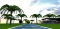 Paved sidewalk to the unknown metal ball on the territory of the futuristic family house with big lawn and beautiful palm trees.