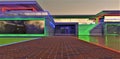 Paved walkway to the entrance of the amazing country house. Night illumination of the facade reflected on the decking. 3d