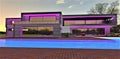 Pavememt made of red brick around the pool in the yard of the stylish country house with purple illumination of the facade. 3d