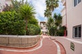 A pavement between buildings with flowers and palm trees.