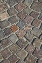 The pavement of a city street made of rectangular stone blocks, pavers