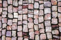 Pavement laid out in circles. perspective view. pavement stone gray. stone texture for background. close-up. Abstract cobblestone