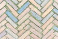 A pavement of multi-colored rectangular bricks with growing grass between them Royalty Free Stock Photo