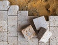 Pavement pavestone paving bricks stone bricks placing, sidewalk works Royalty Free Stock Photo