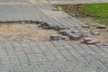 A pavement with paving stones, which was dismantled during the riots, protests and clashes with the police. Protestants