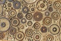 Pavement texture with gears and bricks in Montjuic, Barcelona, Spain.