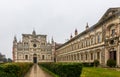 Certosa di Pavia, a medieval church and monastery in Pavia, Italy, on a rainy day.