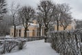 Pavilion Aviary and Green Labyrinth. The Winter landscape. Pavlovsk Palace Park. Saint-Petersburg, Russia