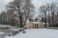 Pavilion Aviary and Green Labyrinth. The Winter landscape. Pavlovsk Palace Park. Saint-Petersburg, Russia