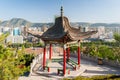 Pavilion in the Baitashan Park in Lanzhou, with skyline of the city in background Royalty Free Stock Photo