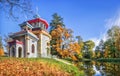 Pavilion Chinese arbor on a hillock and a pond