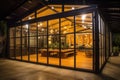 Pavilion with nature view. Steel frame, wood, glass doors. Black loft modern house. Generative AI