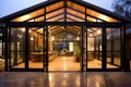 Pavilion with nature view. Steel frame, wood, glass doors. Black loft modern house. Generative AI