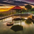 Pavilion on the pond at sunset Royalty Free Stock Photo