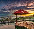 Pavilion on the pond at sunset Royalty Free Stock Photo