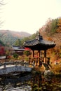 A pavilion, a stone arc bridge and a pond