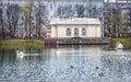 pavilion and swans at Patriarch`s Ponds in Moscow Royalty Free Stock Photo