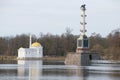 Pavilion Turkish bath and Chesme column, overcast april afternoon. Tsarskoye Selo