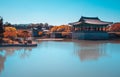 The pavilions of Anapji Pond reflected in the water in Gyeongju, South Korea. Teal and orange view. Royalty Free Stock Photo