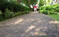 Paving path in a summer garden with blurry exercising woman in afar Royalty Free Stock Photo