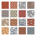 Paving stone pattern. Brick paver walkway, rock stones slab and street pavement floor block seamless vector patterns set