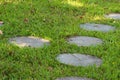 paving stone tile walkway on green yard in the garden. Royalty Free Stock Photo