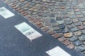 Paving stones pathway and asphalt with markings texture. Cobblestone and asphalt background