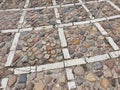 Paving stones with a radial pattern.