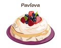 Pavlova cake. Meringue cake. Bakery food with berries.