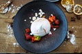 Pavlova berry cake with passion cream, strawberry, meringue. Delicious sweet dessert food closeup served for lunch in Royalty Free Stock Photo