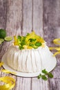 Pavlova cake with cream and fresh fruits - lime, carambola and green mint leaves. Close up of Pavlova dessert with yellow and Royalty Free Stock Photo
