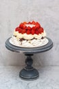 Pavlova cake with meringue layer, whipped cream layer and Fresh strawberry. Plain grey background