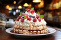 Pavlova cake on table in bakery background , photo realistic, AI generated