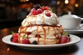 Pavlova cake on table in bakery background , photo realistic, AI generated