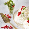 Pavlova cakes with cream and fresh summer berries. Close up of Pavlova dessert with forest fruit and mint. Food photo Royalty Free Stock Photo